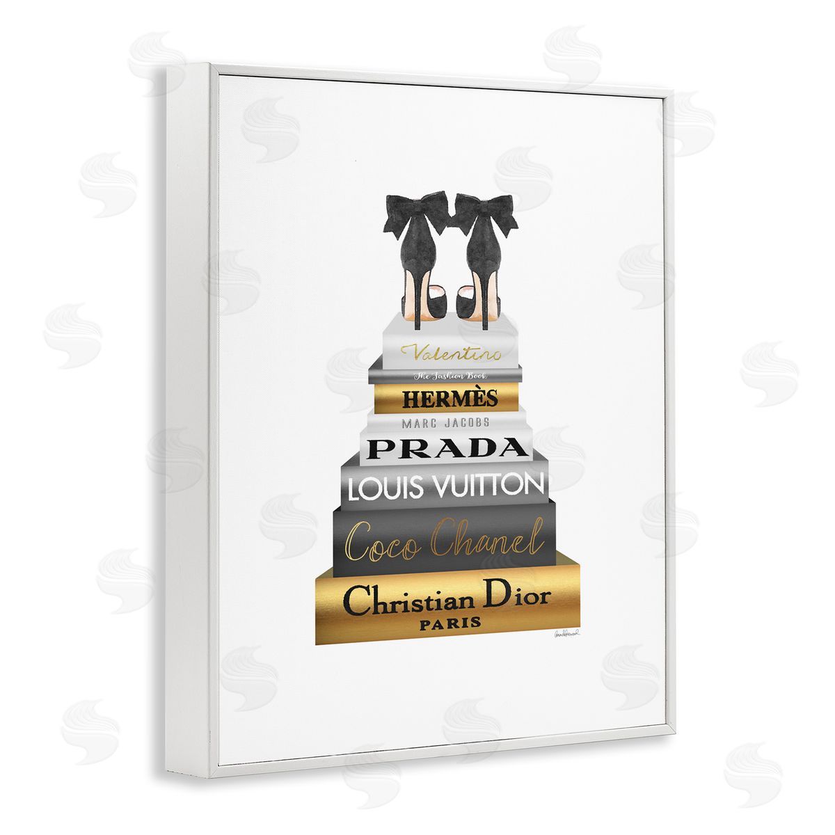 Black Heels Gold Bookstack White Frame Print Wall Art, Home Decor by Amanda Greenwood