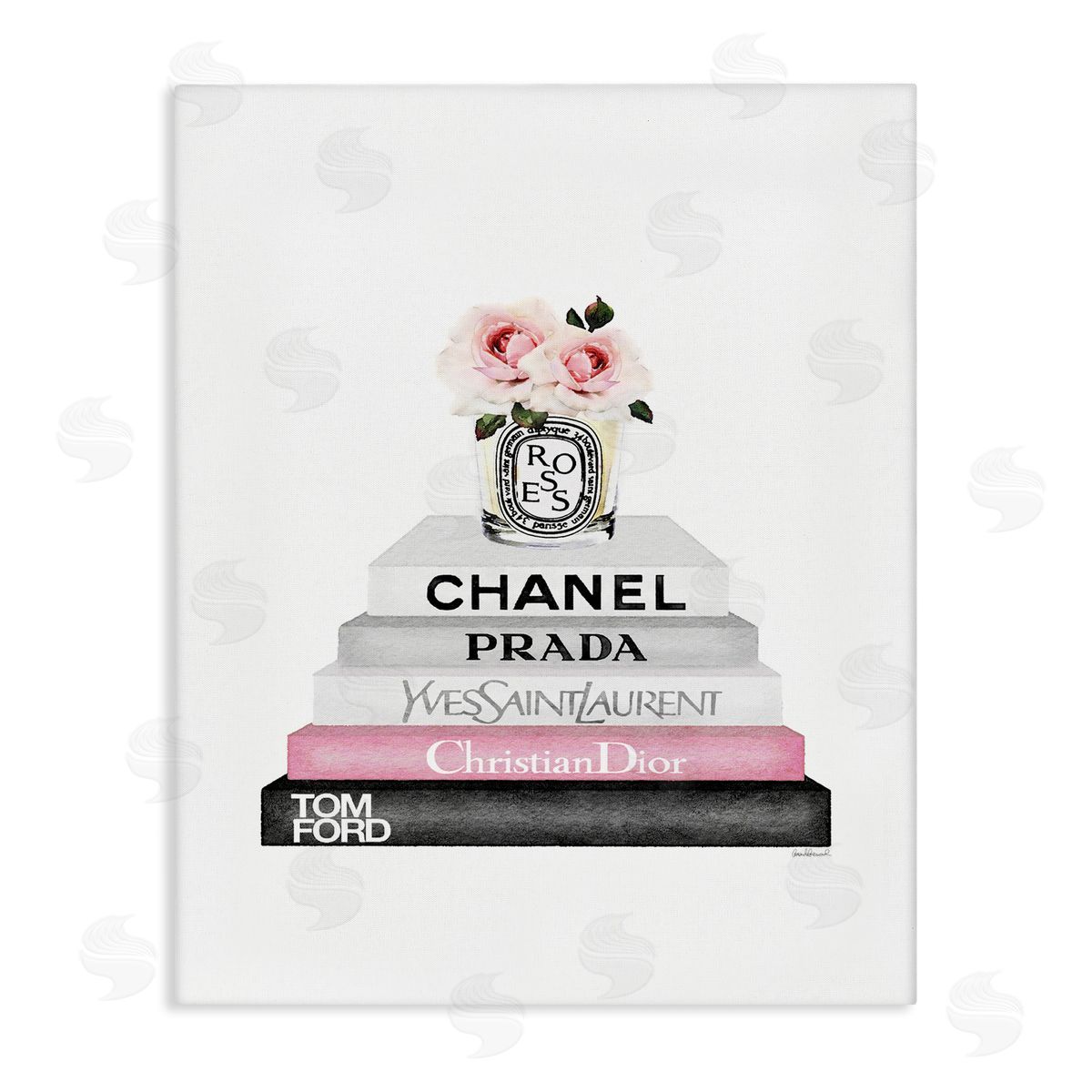 Pink Flower Black Bookstack Canvas Wall Art, Home Decor by Amanda Greenwood