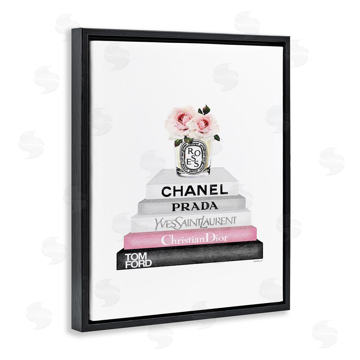 Pink Flower Black Bookstack Black Floating Frame Canvas Wall Art, Home Decor by Amanda Greenwood