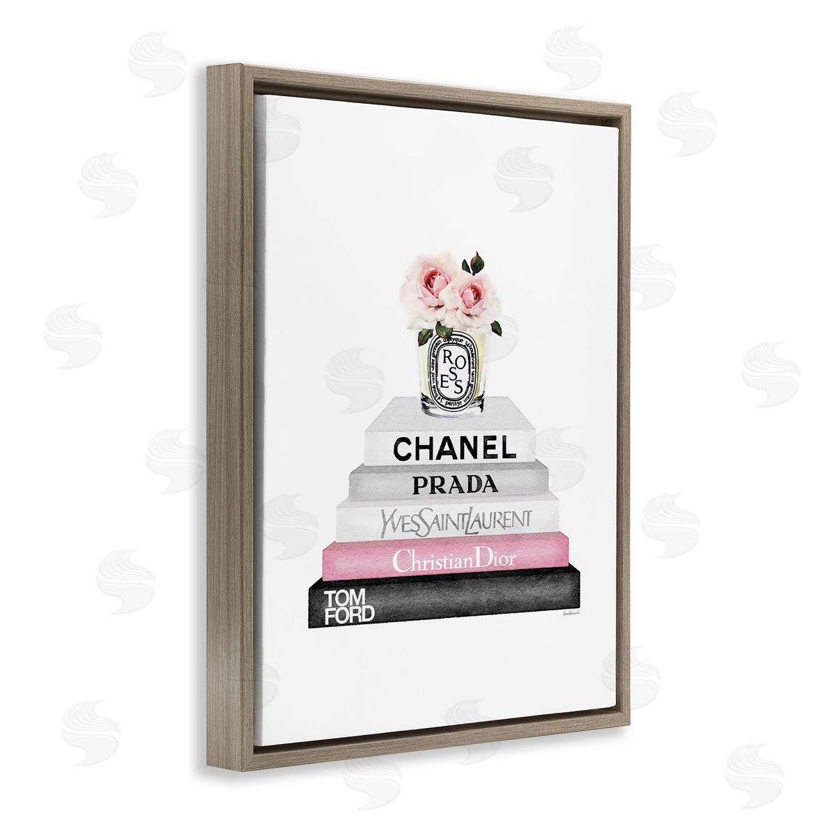 Pink Flower Black Bookstack Brown Floating Frame Canvas Wall Art, Home Decor by Amanda Greenwood