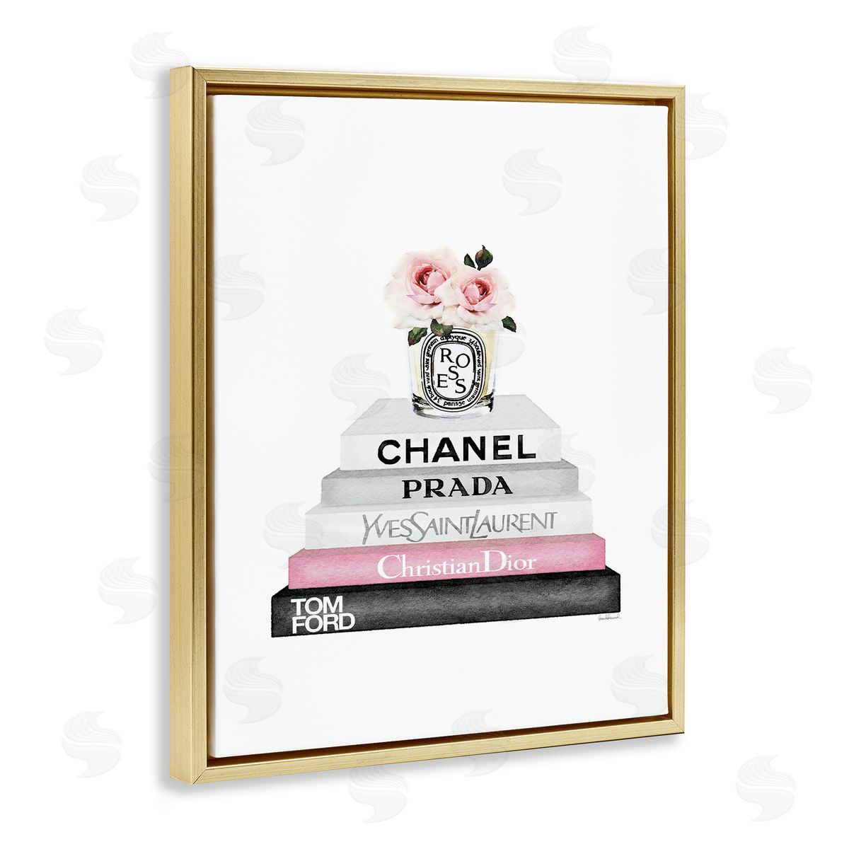 Pink Flower Black Bookstack Gold Floating Frame Canvas Wall Art, Home Decor by Amanda Greenwood