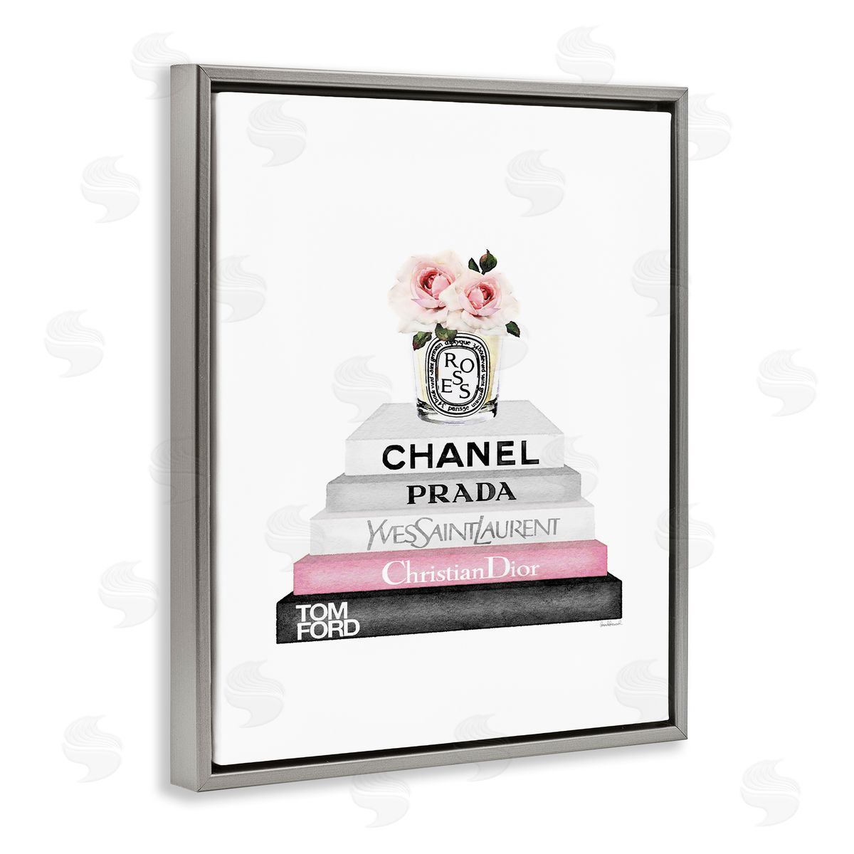 Pink Flower Black Bookstack Grey Floating Frame Canvas Wall Art, Home Decor by Amanda Greenwood