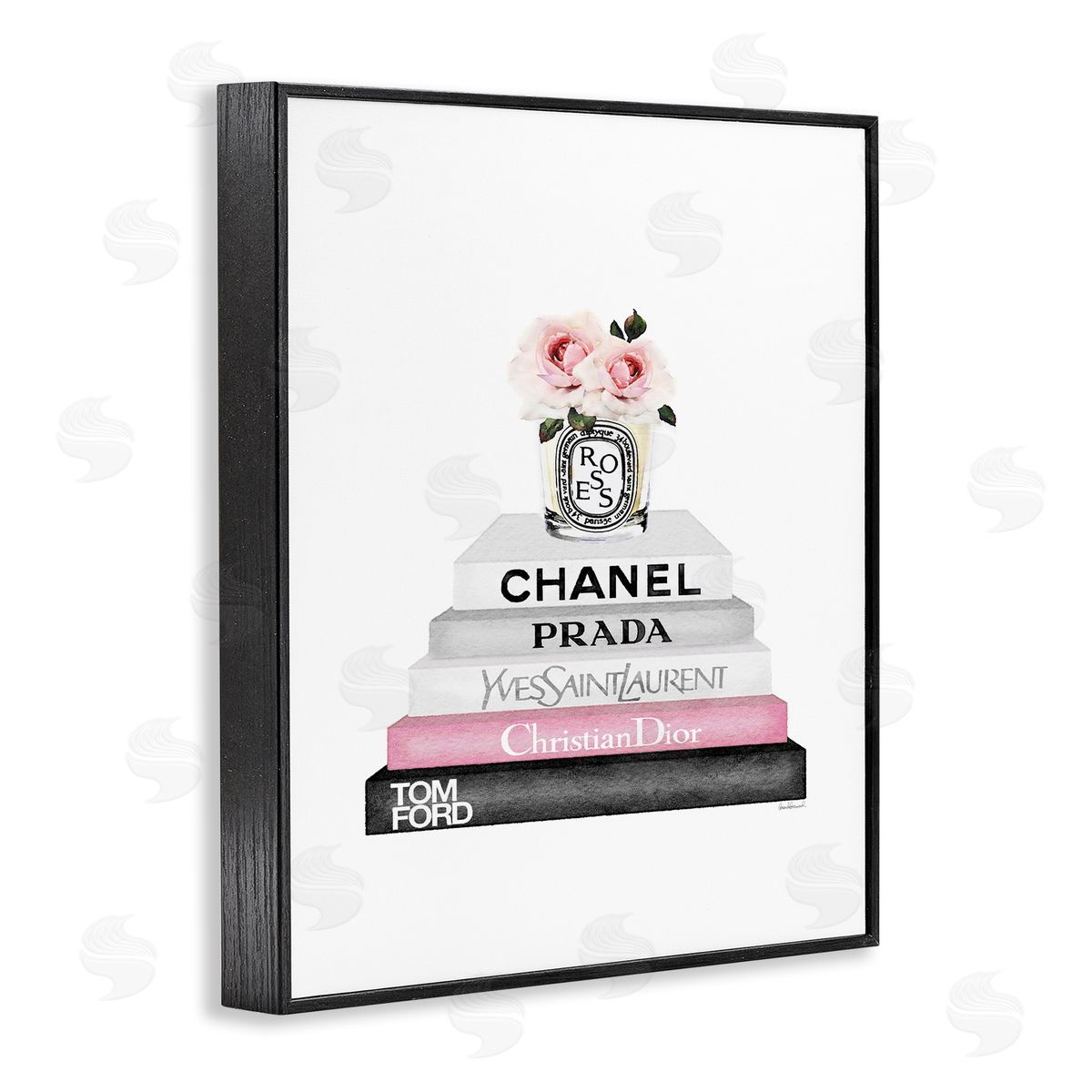 Pink Flower Black Bookstack Black Frame Print Wall Art, Home Decor by Amanda Greenwood