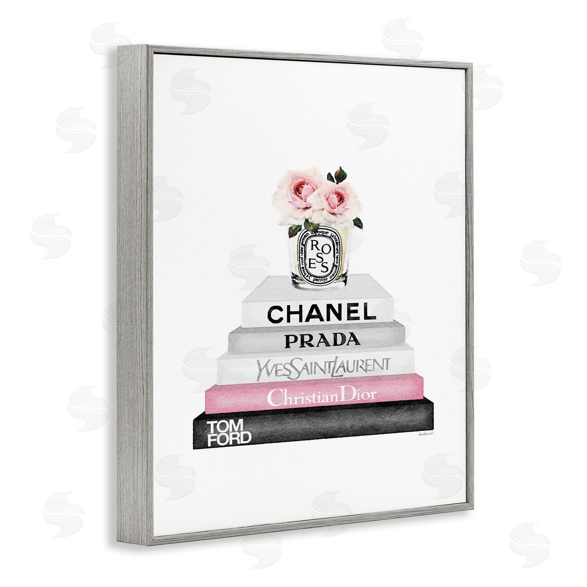 Pink Flower Black Bookstack Grey Frame Print Wall Art, Home Decor by Amanda Greenwood