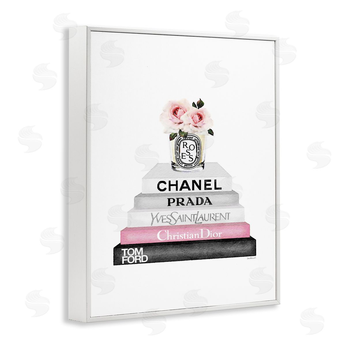 Pink Flower Black Bookstack White Frame Print Wall Art, Home Decor by Amanda Greenwood