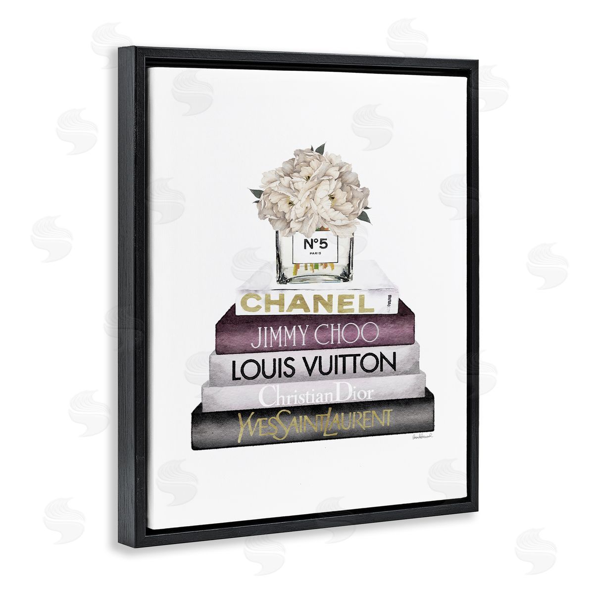 White Flower Bookstack Black Floating Frame Canvas Wall Art, Home Decor by Amanda Greenwood