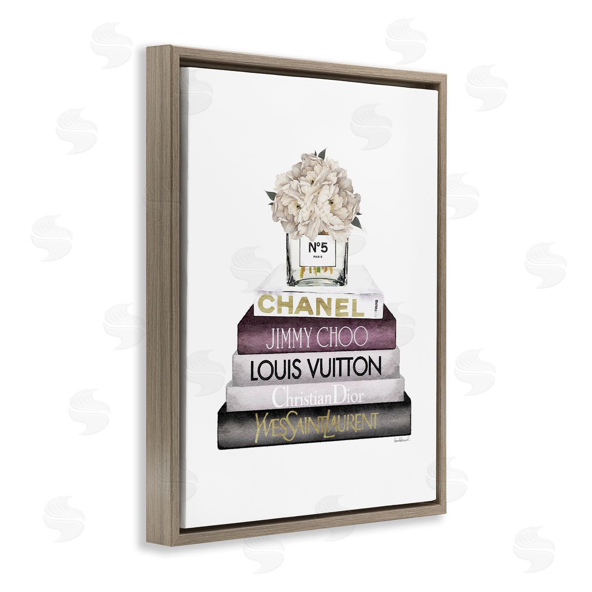 White Flower Bookstack Brown Floating Frame Canvas Wall Art, Home Decor by Amanda Greenwood