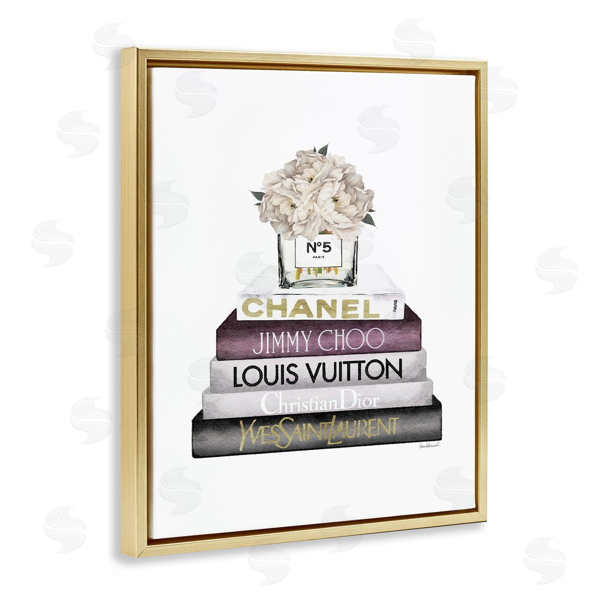 White Flower Bookstack Gold Floating Frame Canvas Wall Art, Home Decor by Amanda Greenwood