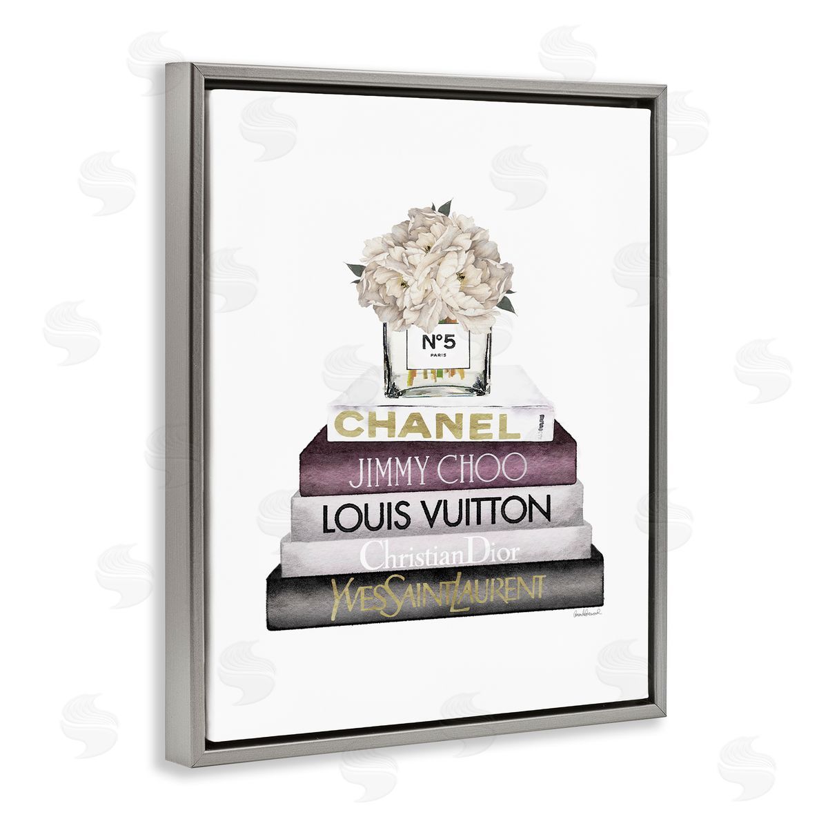 White Flower Bookstack Grey Floating Frame Canvas Wall Art, Home Decor by Amanda Greenwood