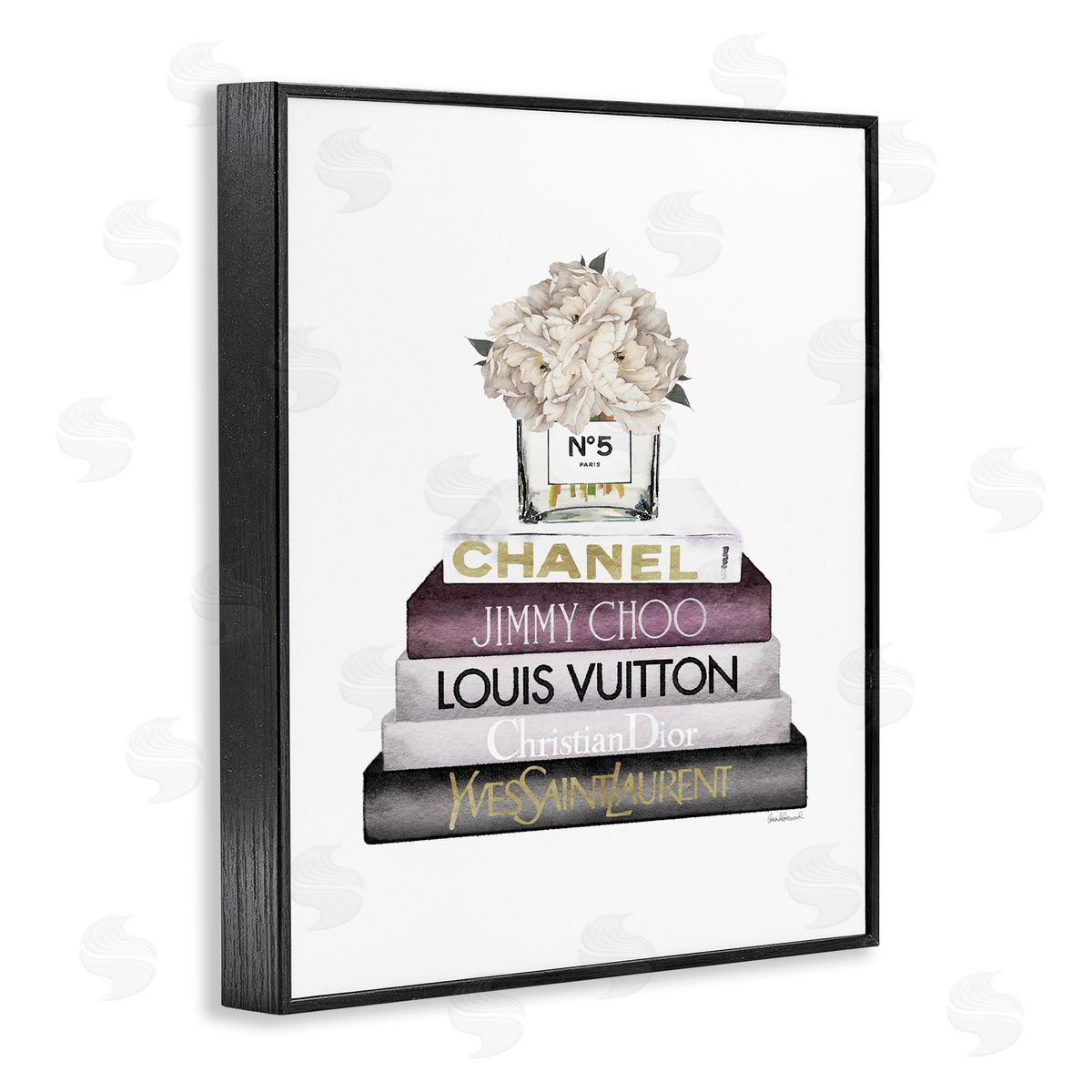 White Flower Bookstack Black Frame Print Wall Art, Home Decor by Amanda Greenwood