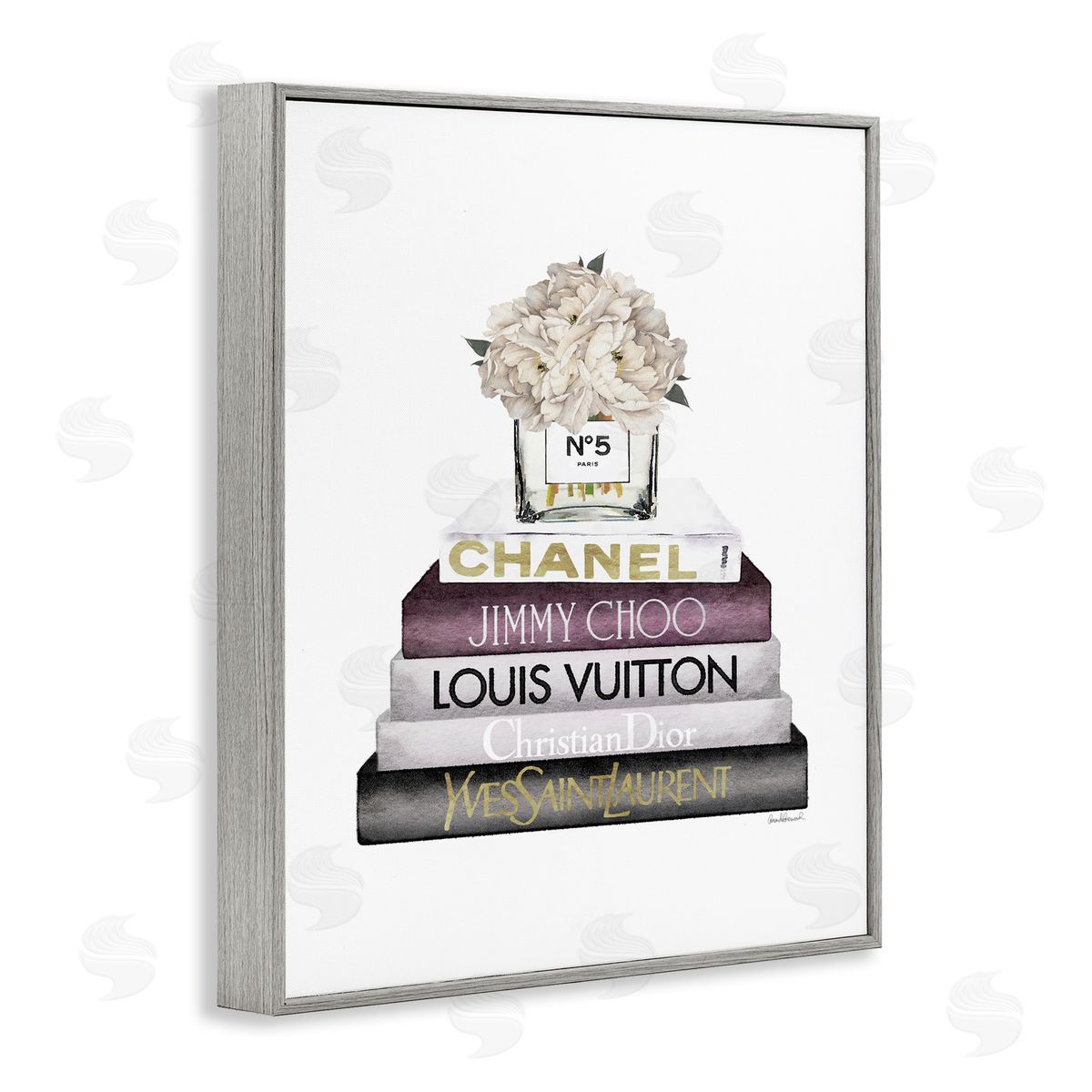 White Flower Bookstack Grey Frame Print Wall Art, Home Decor by Amanda Greenwood