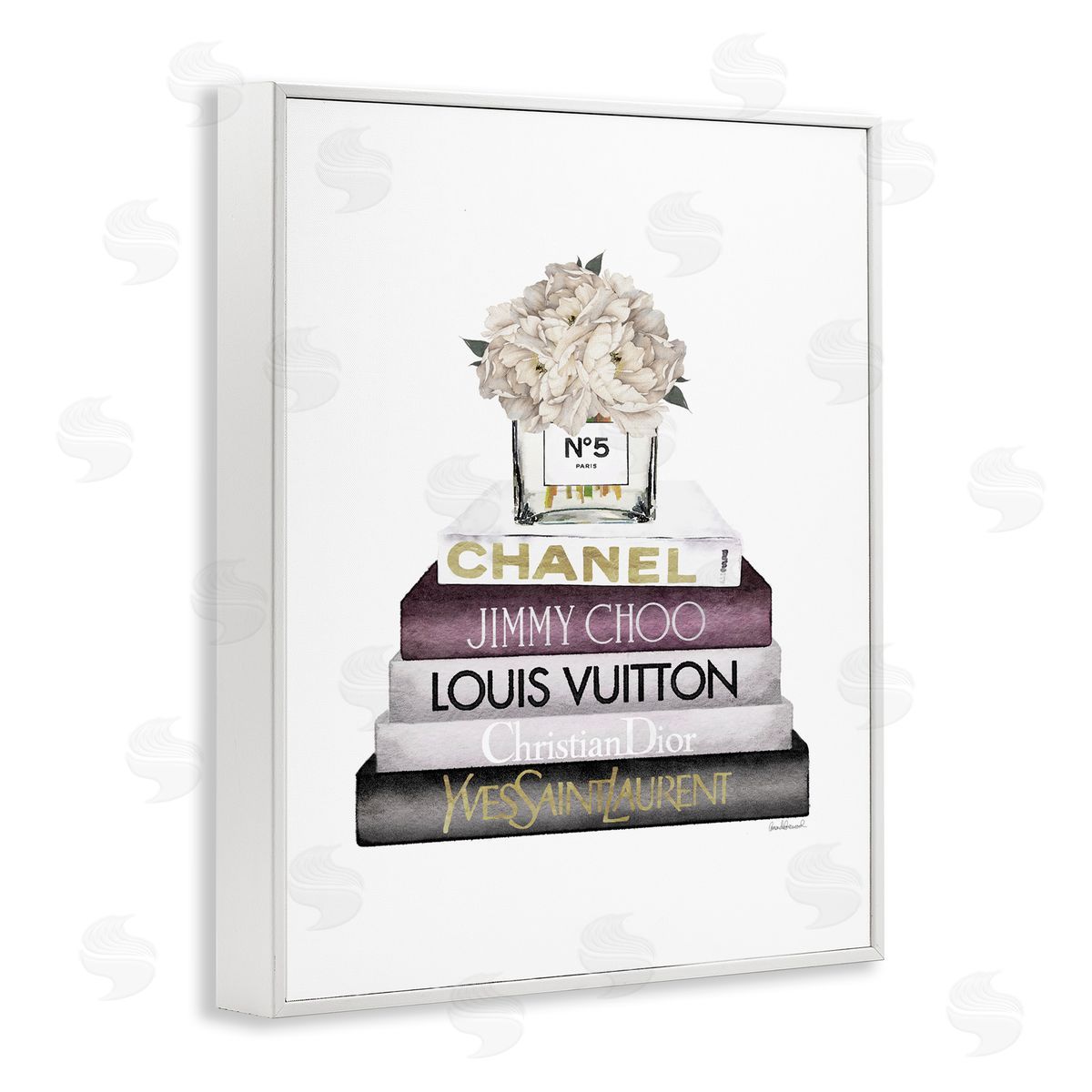 White Flower Bookstack White Frame Print Wall Art, Home Decor by Amanda Greenwood