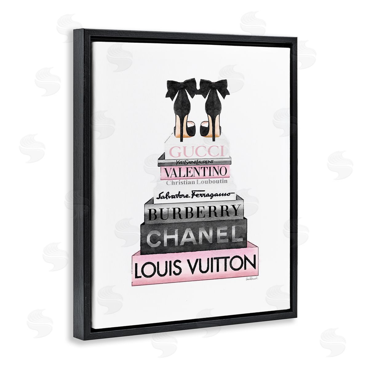 Black Heels Pink Bookstack Black Floating Frame Canvas Wall Art, Home Decor by Amanda Greenwood
