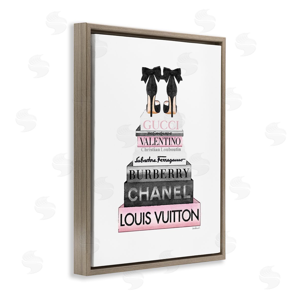 Black Heels Pink Bookstack Brown Floating Frame Canvas Wall Art, Home Decor by Amanda Greenwood