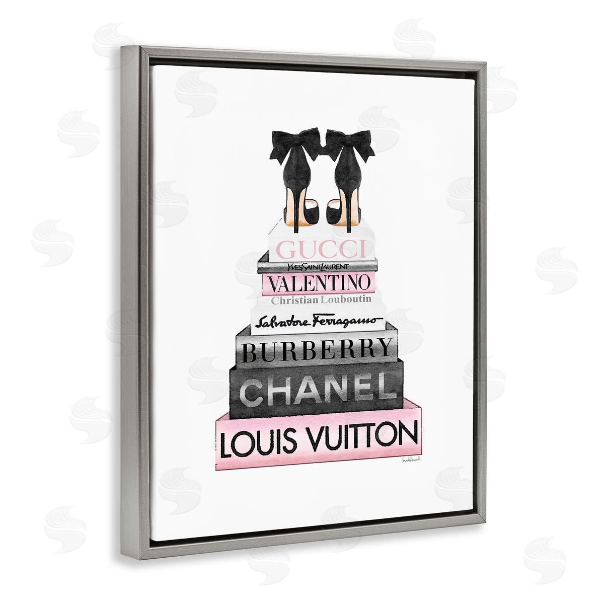 Black Heels Pink Bookstack Grey Floating Frame Canvas Wall Art, Home Decor by Amanda Greenwood