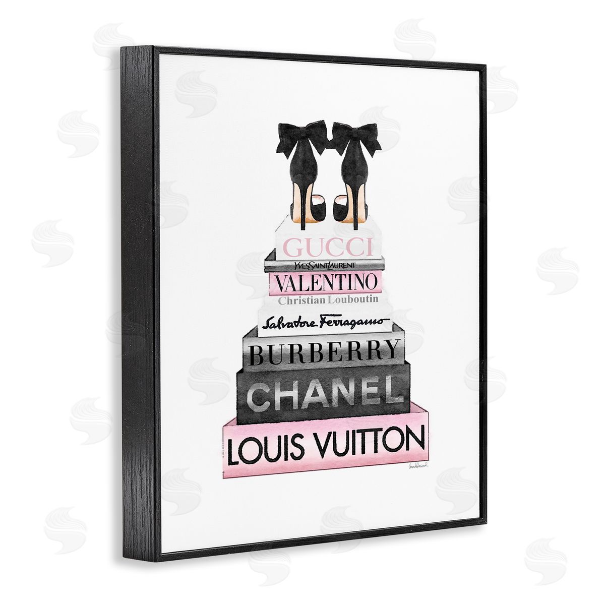 Black Heels Pink Bookstack Black Frame Print Wall Art, Home Decor by Amanda Greenwood