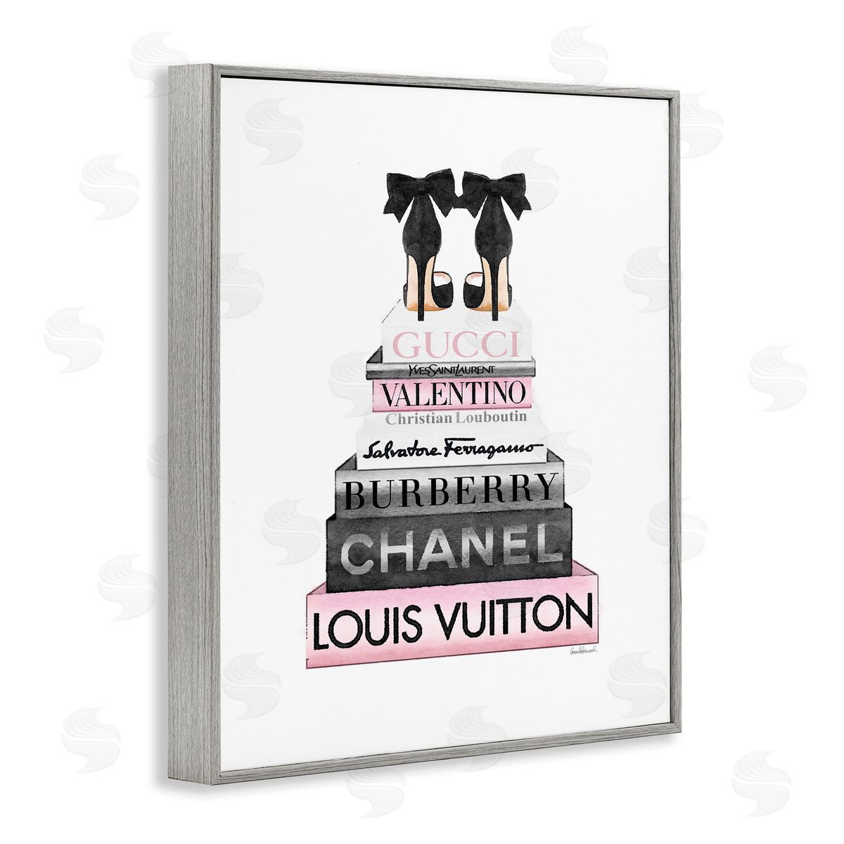 Black Heels Pink Bookstack Grey Frame Print Wall Art, Home Decor by Amanda Greenwood