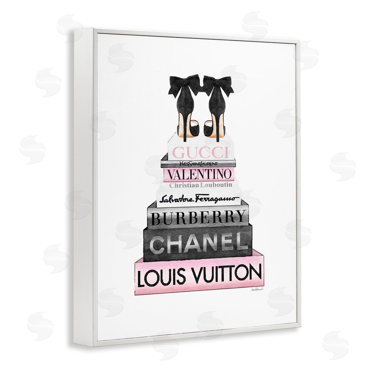 Black Heels Pink Bookstack White Frame Print Wall Art, Home Decor by Amanda Greenwood