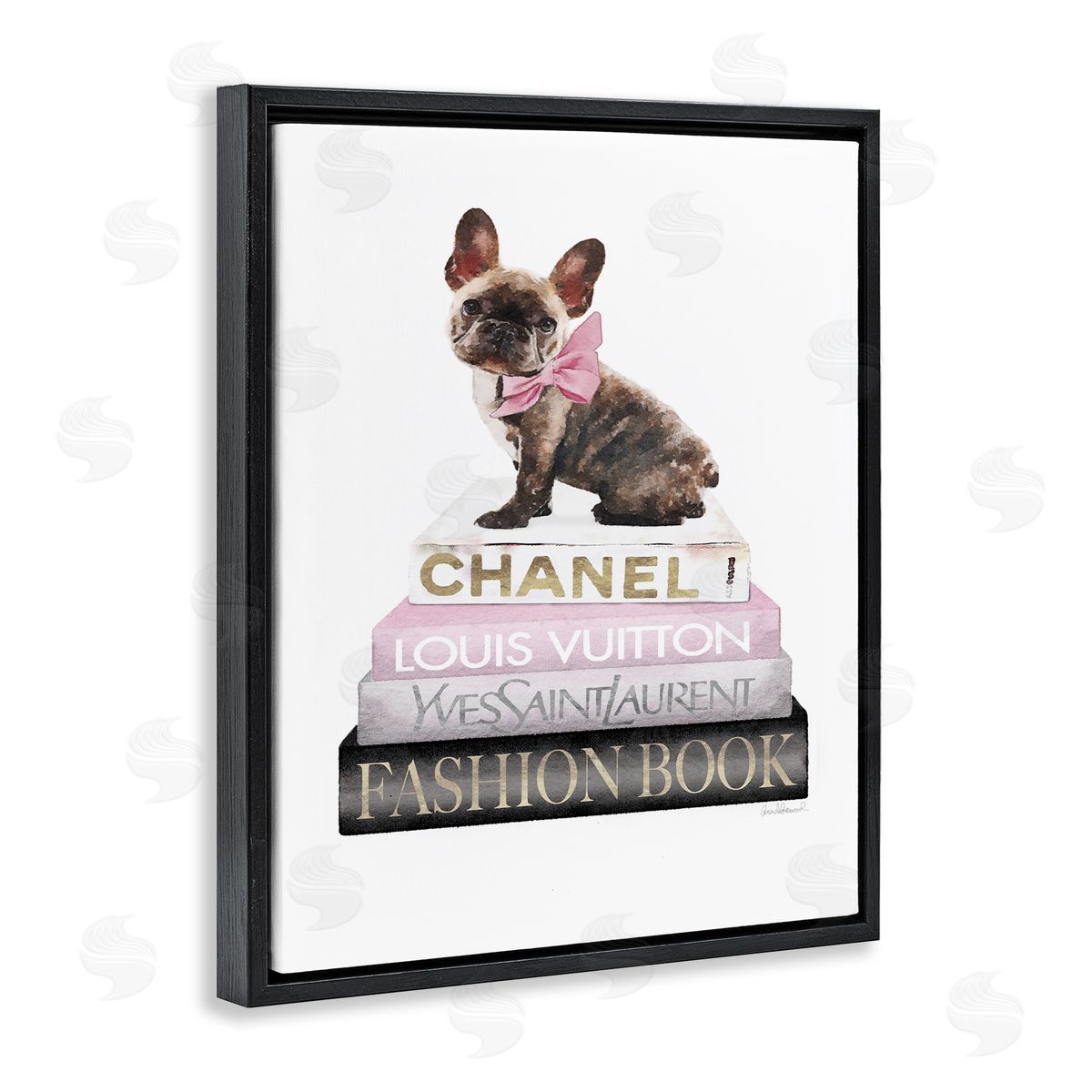 Pink Bow & Dog Bookstack Black Floating Frame Canvas Wall Art, Home Decor by Amanda Greenwood