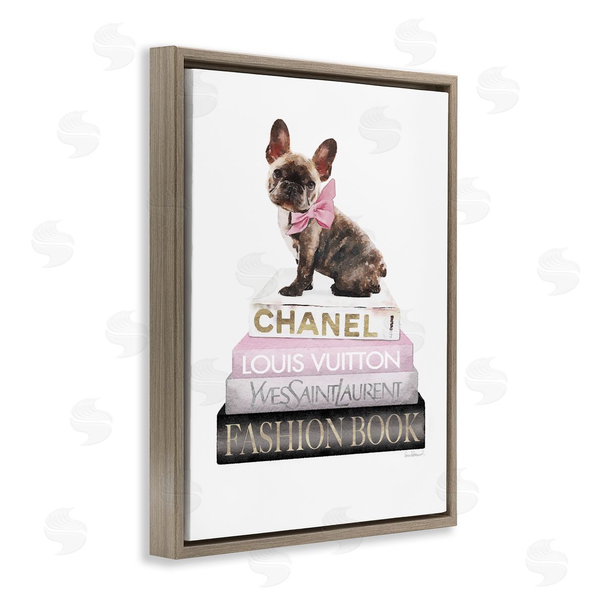 Pink Bow & Dog Bookstack Brown Floating Frame Canvas Wall Art, Home Decor by Amanda Greenwood