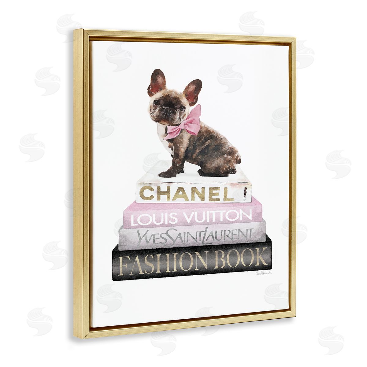 Pink Bow & Dog Bookstack Gold Floating Frame Canvas Wall Art, Home Decor by Amanda Greenwood