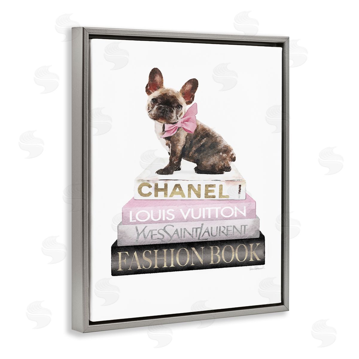 Pink Bow & Dog Bookstack Grey Floating Frame Canvas Wall Art, Home Decor by Amanda Greenwood