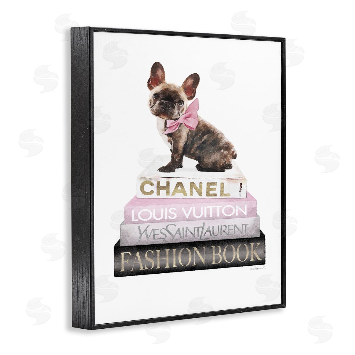 Pink Bow & Dog Bookstack Black Frame Print Wall Art, Home Decor by Amanda Greenwood