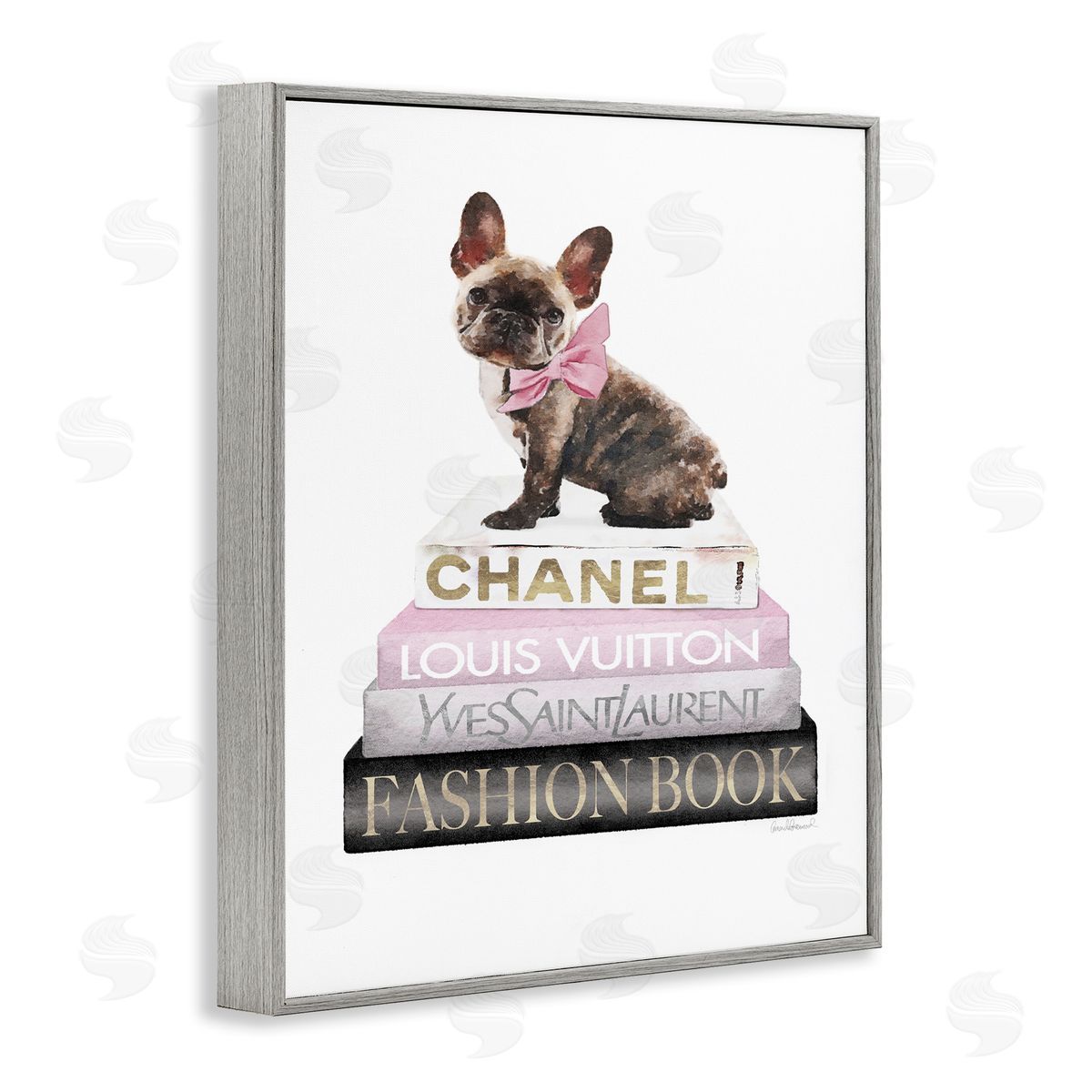 Pink Bow & Dog Bookstack Grey Frame Print Wall Art, Home Decor by Amanda Greenwood