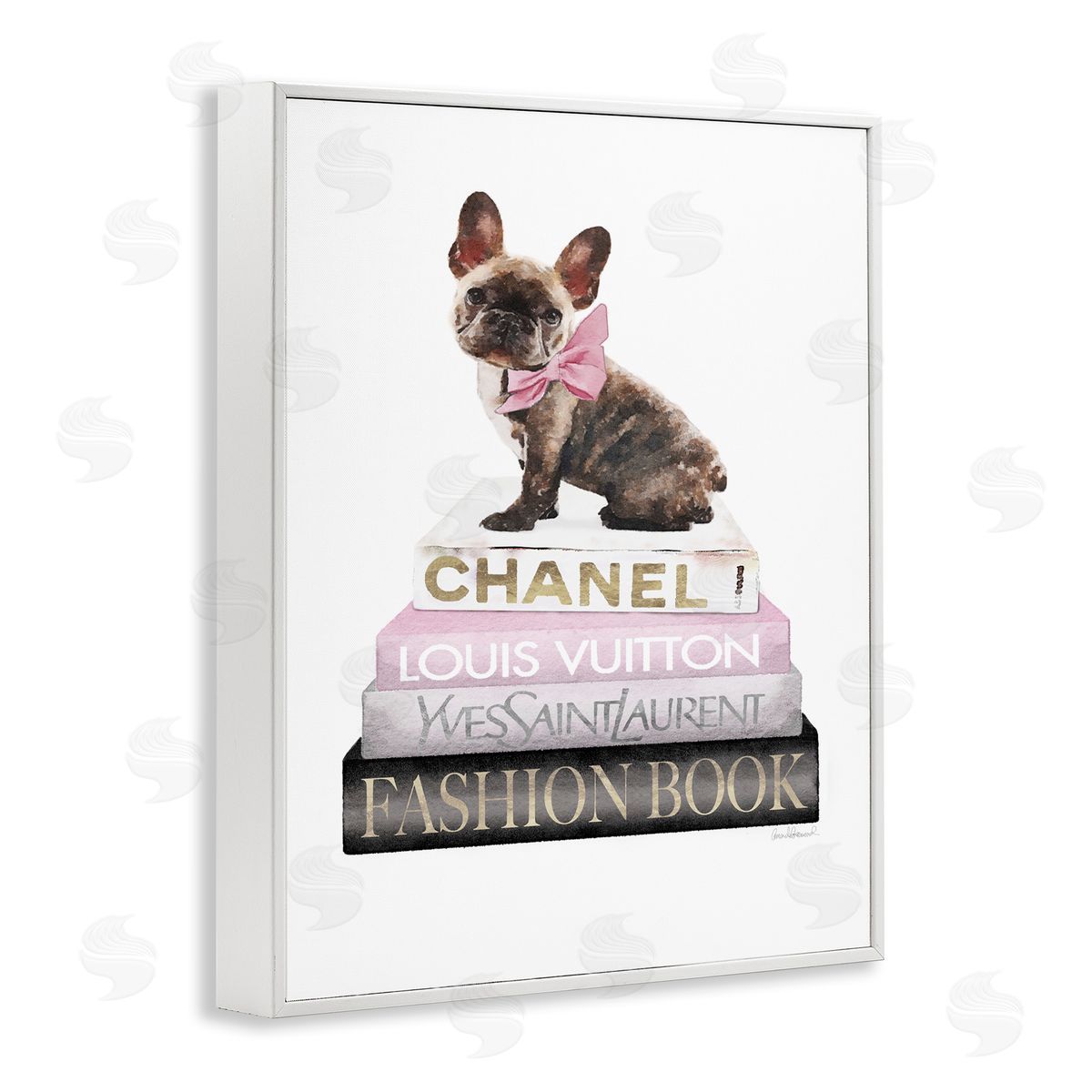 Pink Bow & Dog Bookstack White Frame Print Wall Art, Home Decor by Amanda Greenwood