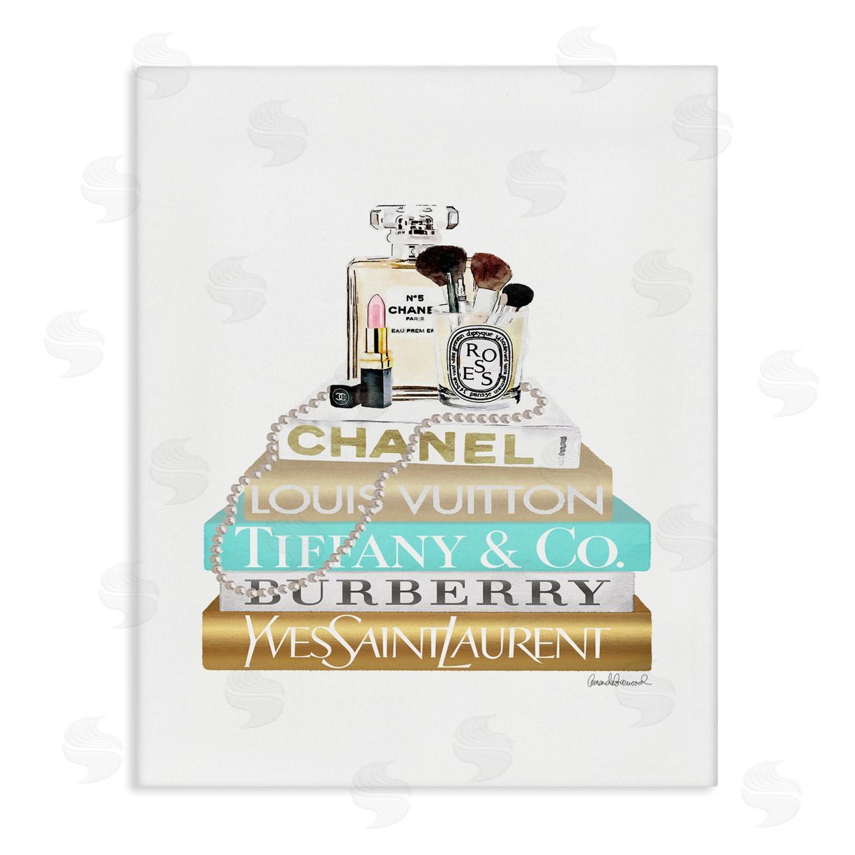 Gold Blue Perfume Bookstack Canvas Wall Art, Home Decor by Amanda Greenwood