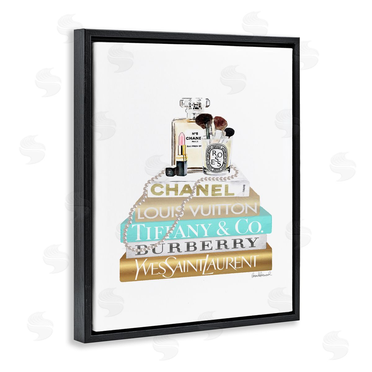 Gold Blue Perfume Bookstack Black Floating Frame Canvas Wall Art, Home Decor by Amanda Greenwood