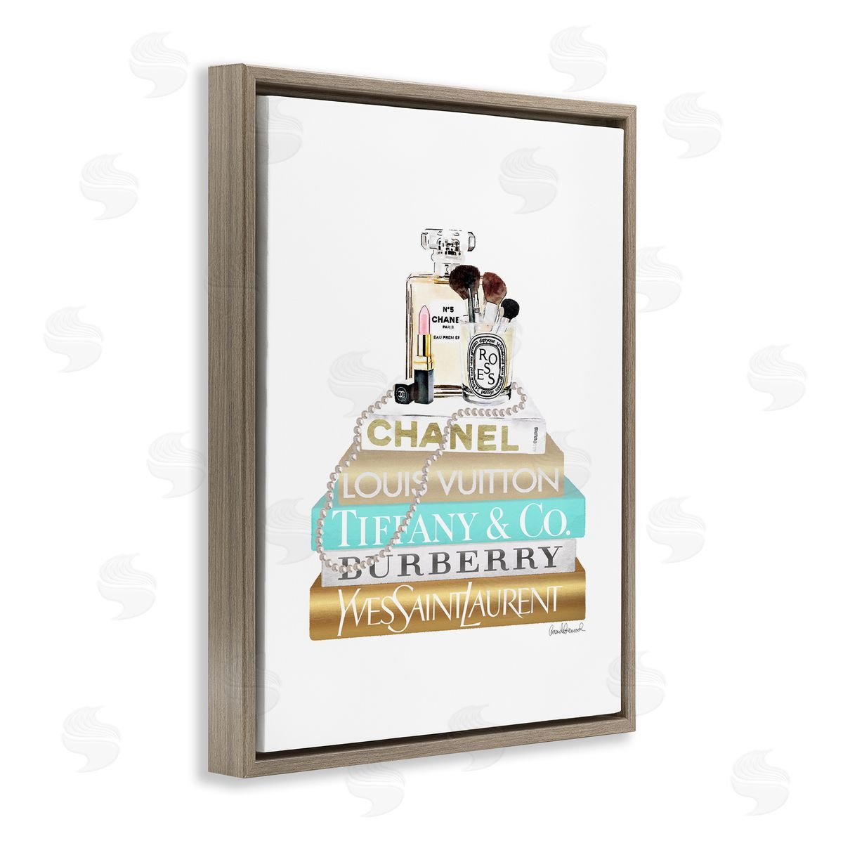 Gold Blue Perfume Bookstack Brown Floating Frame Canvas Wall Art, Home Decor by Amanda Greenwood