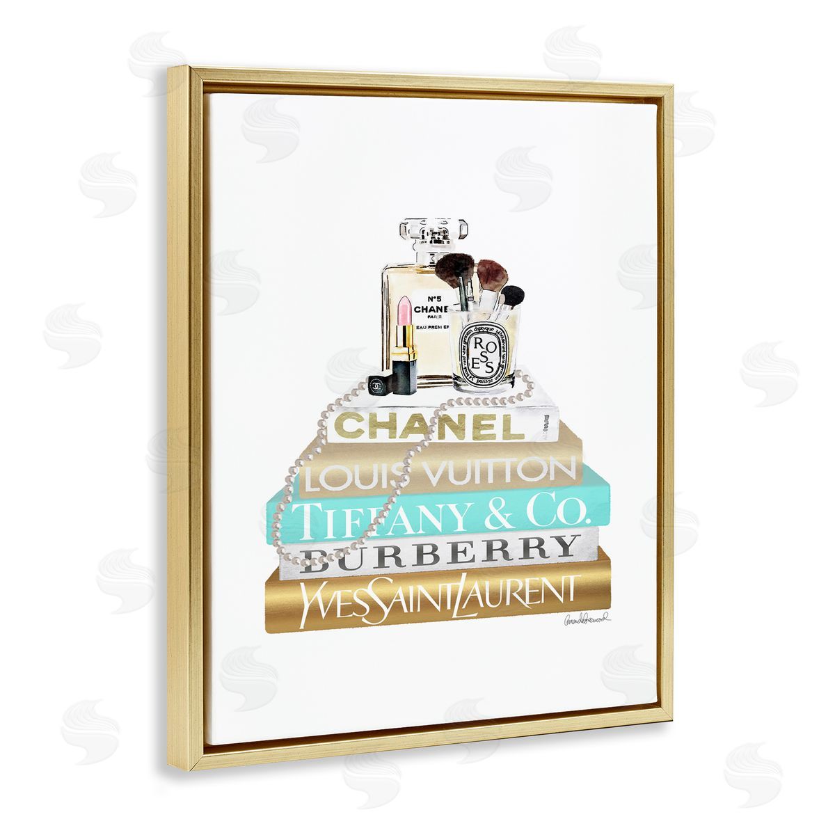 Gold Blue Perfume Bookstack Gold Floating Frame Canvas Wall Art, Home Decor by Amanda Greenwood