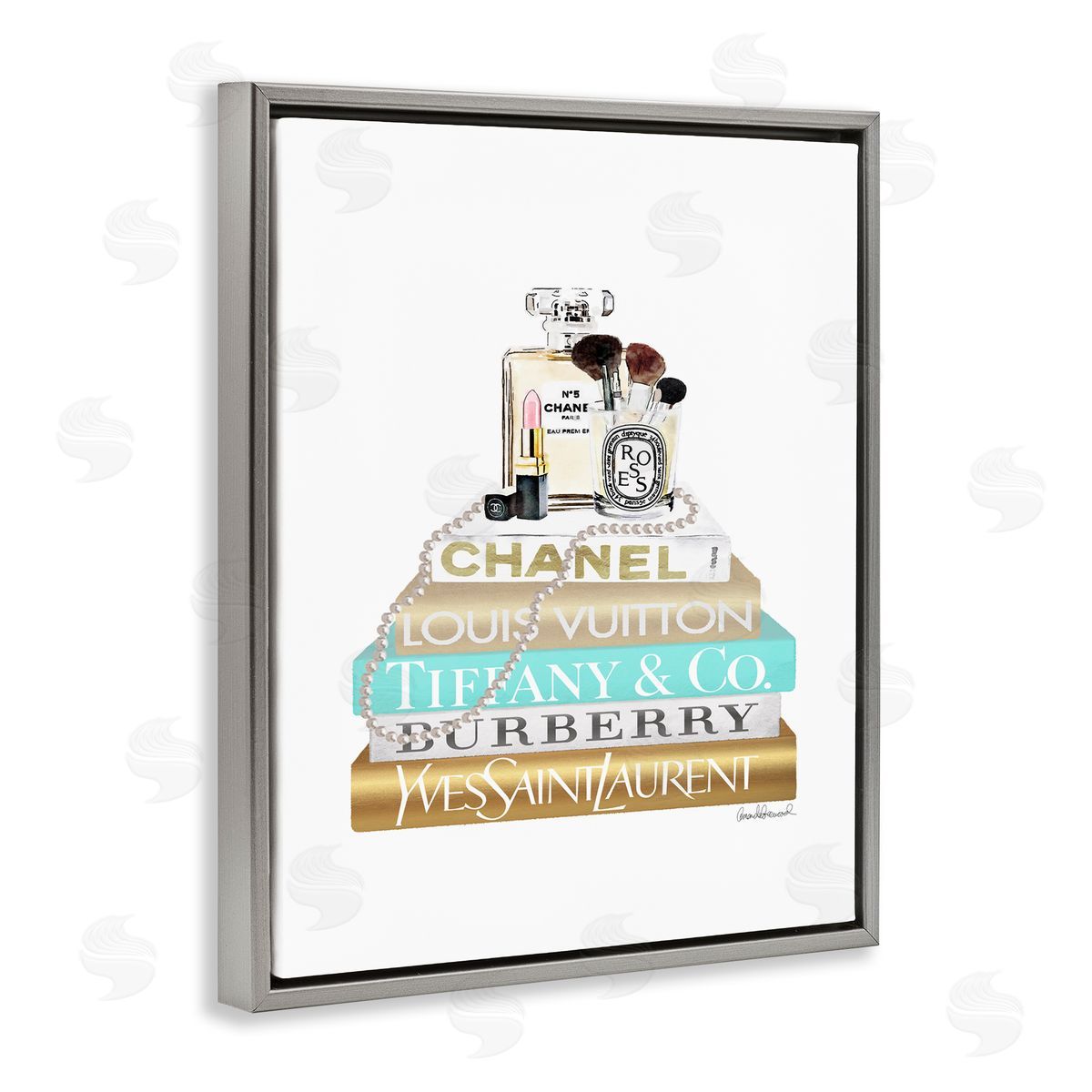 Gold Blue Perfume Bookstack Grey Floating Frame Canvas Wall Art, Home Decor by Amanda Greenwood