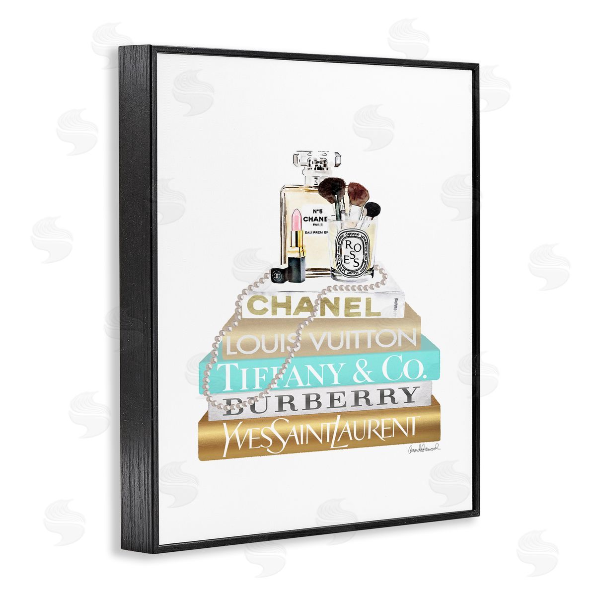 Gold Blue Perfume Bookstack Black Frame Print Wall Art, Home Decor by Amanda Greenwood