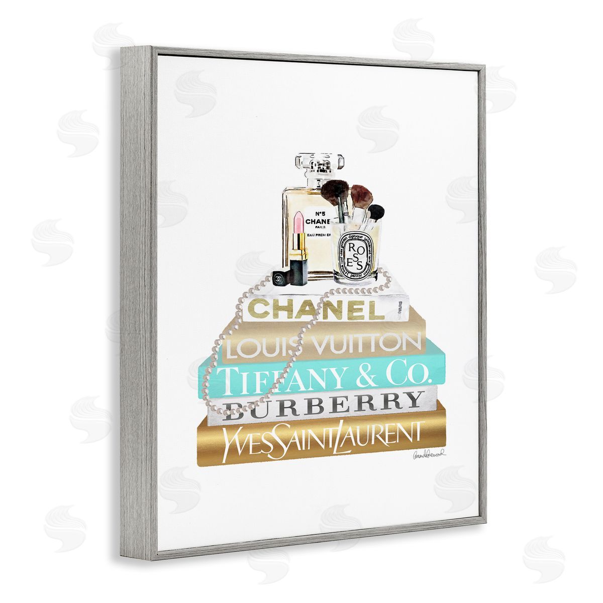 Gold Blue Perfume Bookstack Grey Frame Print Wall Art, Home Decor by Amanda Greenwood