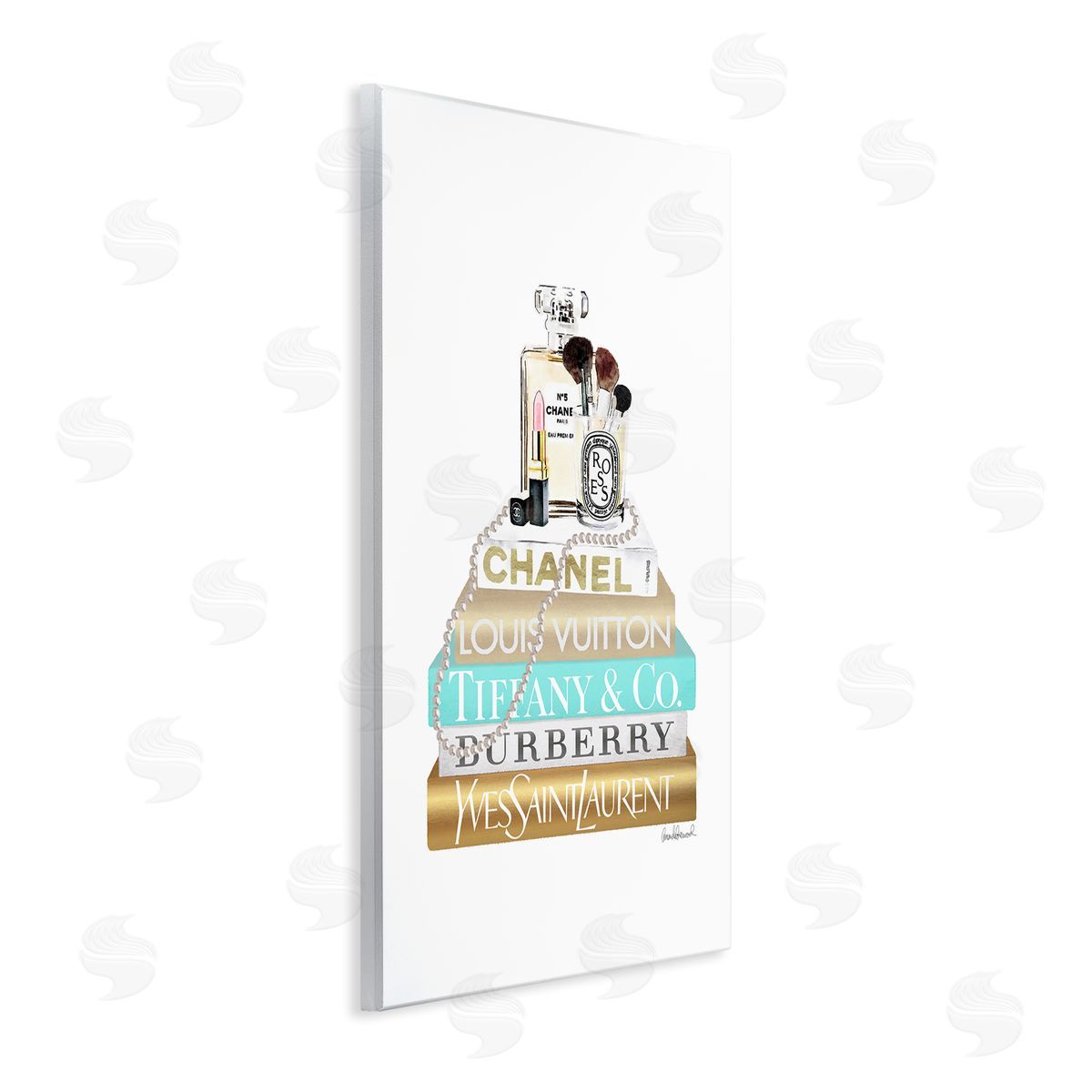 Gold Blue Perfume Bookstack Wood Plaque Wall Art, Home Decor by Amanda Greenwood