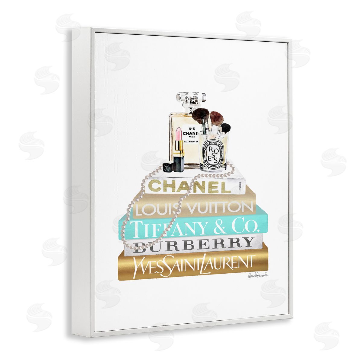 Gold Blue Perfume Bookstack White Frame Print Wall Art, Home Decor by Amanda Greenwood