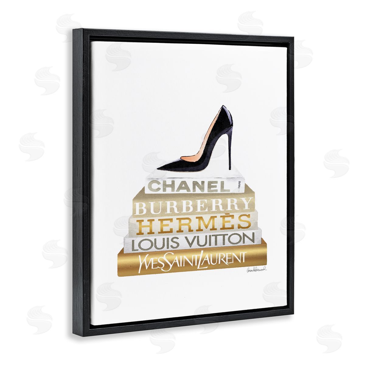 Black Heels Gold White Bookstack Black Floating Frame Canvas Wall Art, Home Decor by Amanda Greenwood