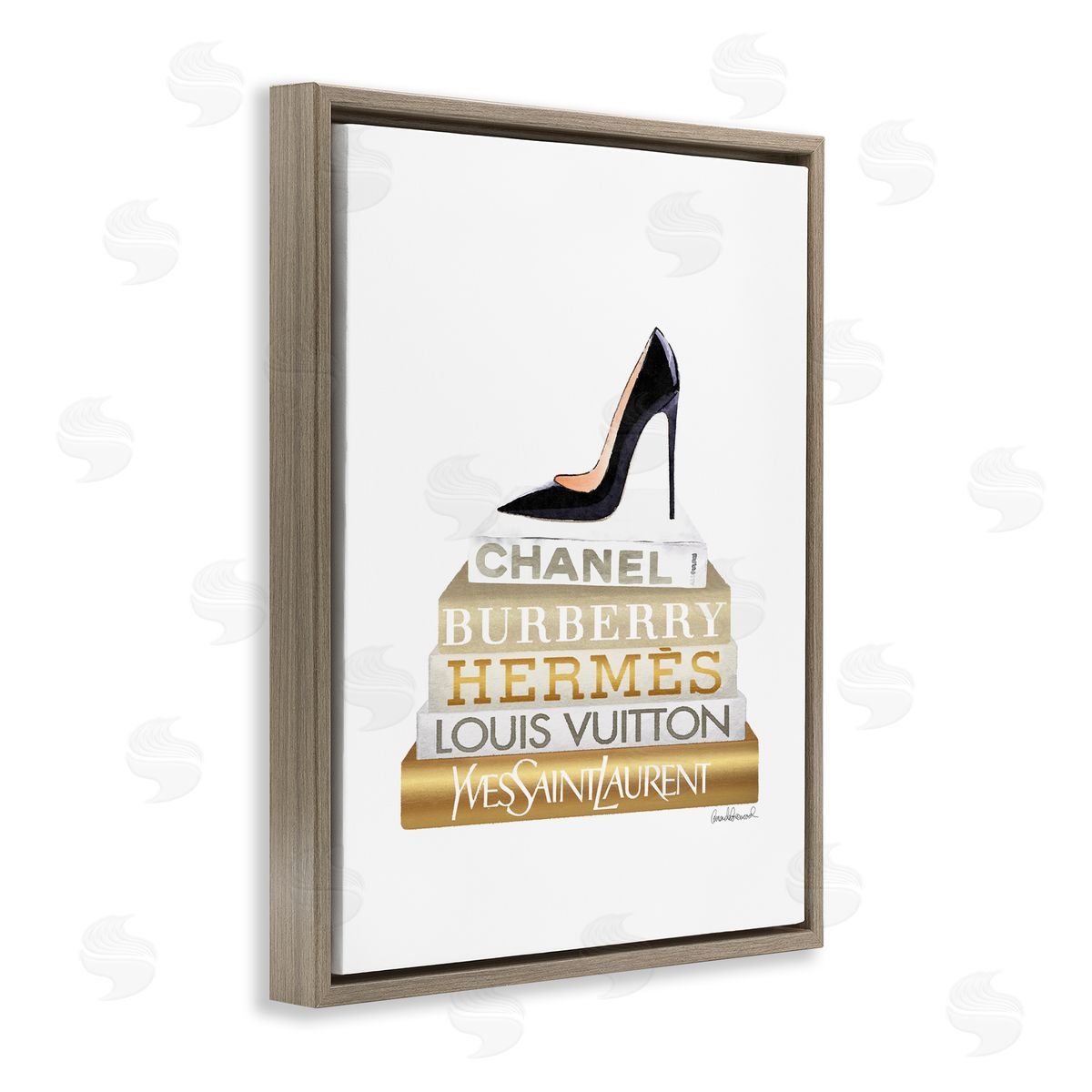 Black Heels Gold White Bookstack Brown Floating Frame Canvas Wall Art, Home Decor by Amanda Greenwood