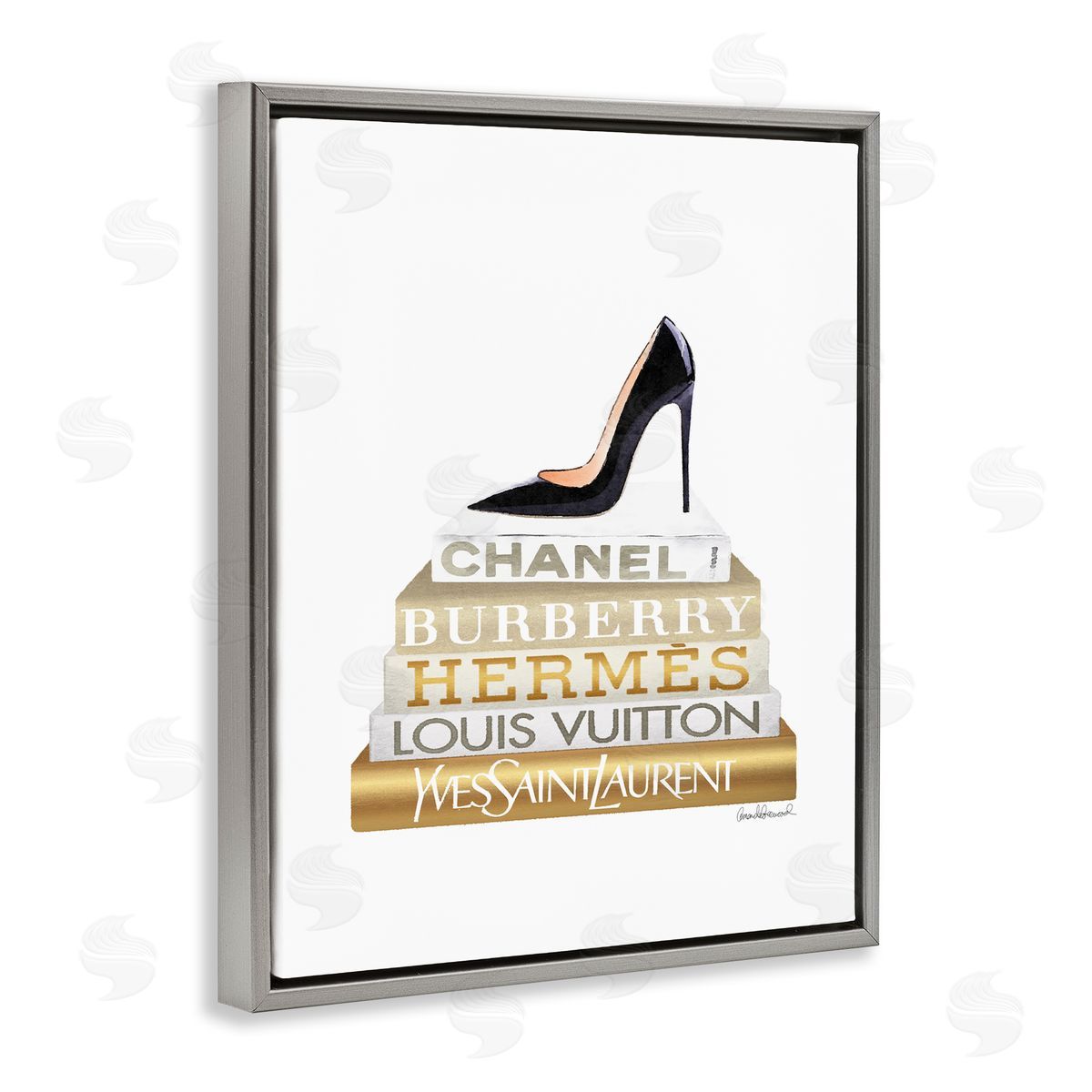 Black Heels Gold White Bookstack Grey Floating Frame Canvas Wall Art, Home Decor by Amanda Greenwood