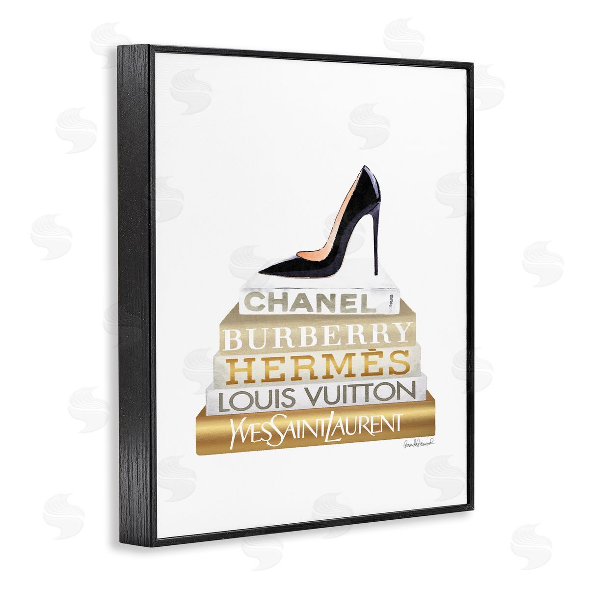 Black Heels Gold White Bookstack Black Frame Print Wall Art, Home Decor by Amanda Greenwood