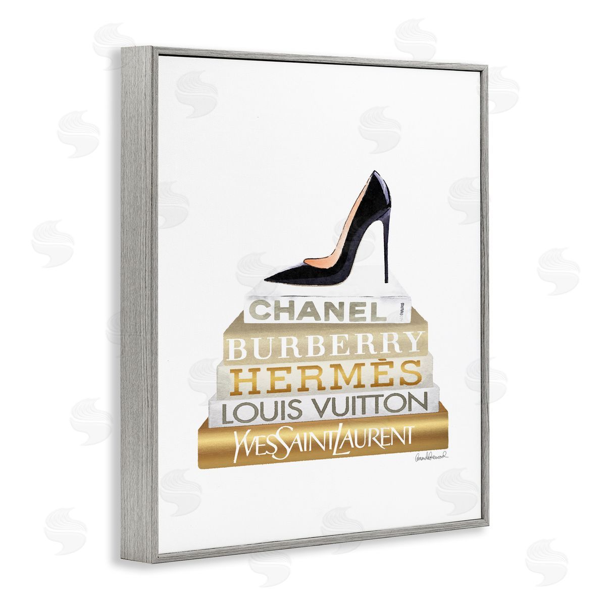 Black Heels Gold White Bookstack Grey Frame Print Wall Art, Home Decor by Amanda Greenwood