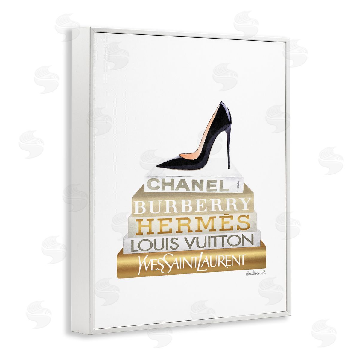 Black Heels Gold White Bookstack White Frame Print Wall Art, Home Decor by Amanda Greenwood