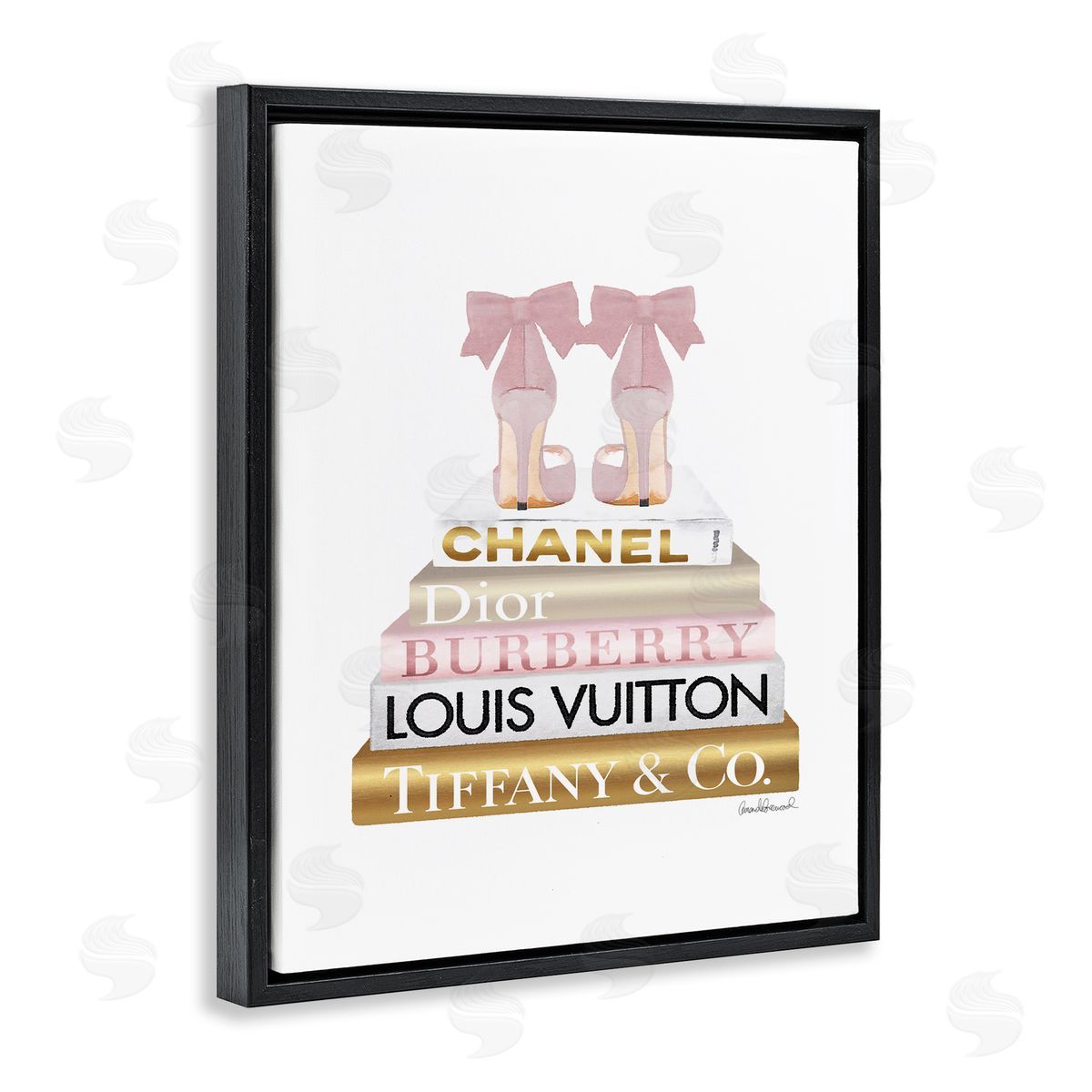 Pink Gold Heels Bookstack Black Floating Frame Canvas Wall Art, Home Decor by Amanda Greenwood