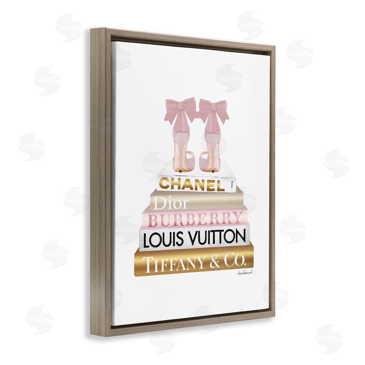 Pink Gold Heels Bookstack Brown Floating Frame Canvas Wall Art, Home Decor by Amanda Greenwood