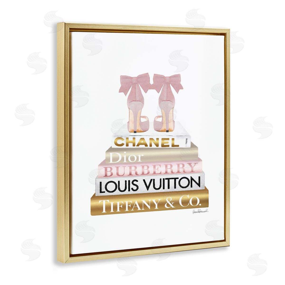 Pink Gold Heels Bookstack Gold Floating Frame Canvas Wall Art, Home Decor by Amanda Greenwood