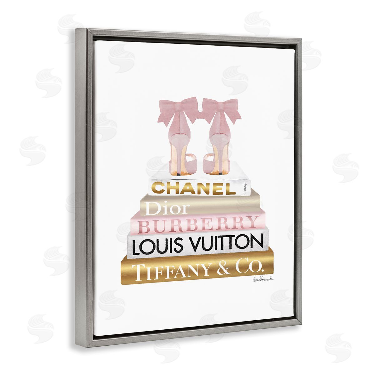 Pink Gold Heels Bookstack Grey Floating Frame Canvas Wall Art, Home Decor by Amanda Greenwood