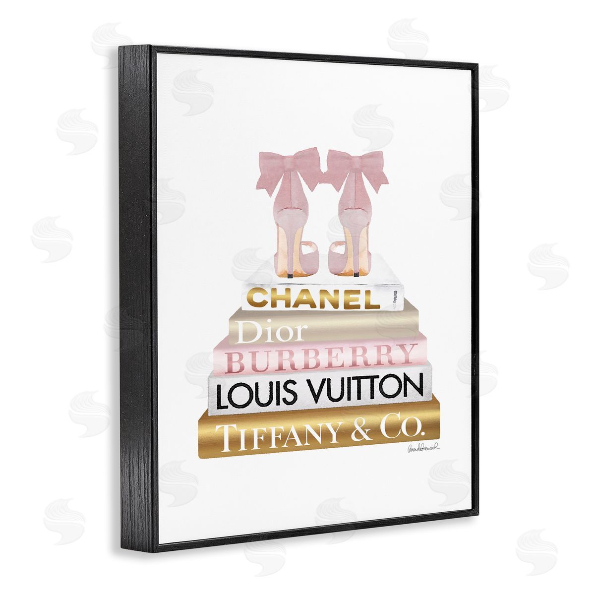 Pink Gold Heels Bookstack Black Frame Print Wall Art, Home Decor by Amanda Greenwood