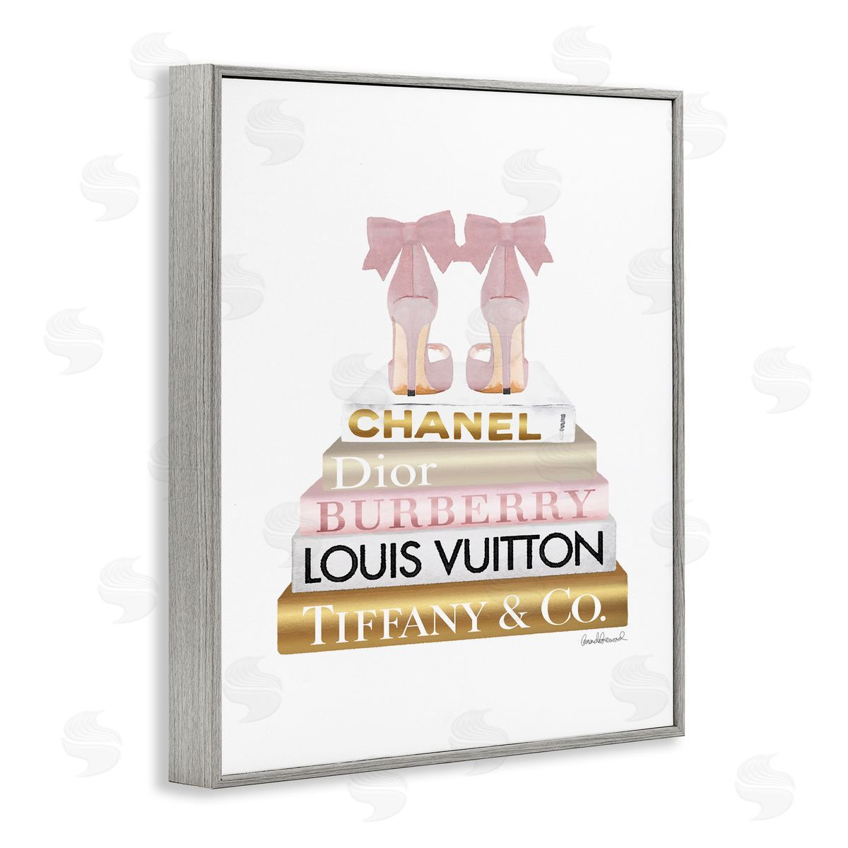 Pink Gold Heels Bookstack Grey Frame Print Wall Art, Home Decor by Amanda Greenwood